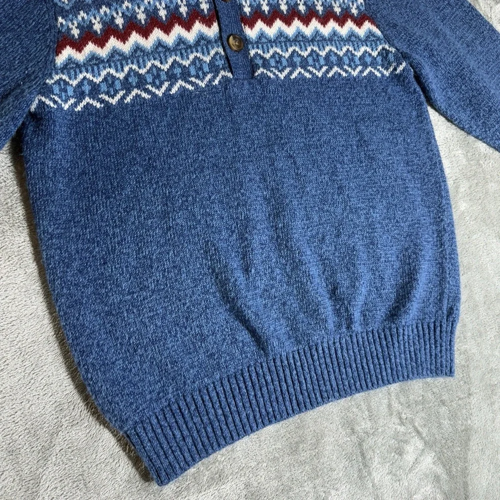 IZOD Sweater Mens Medium Blue Fair Isle Pullover Button Neck Winter Knit Cotton